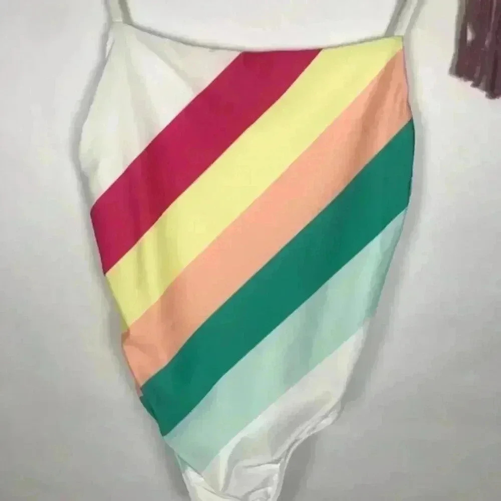Free Press Rainbow Diagonal Stripe One Piece Swimsuit White Retro Square Neck S